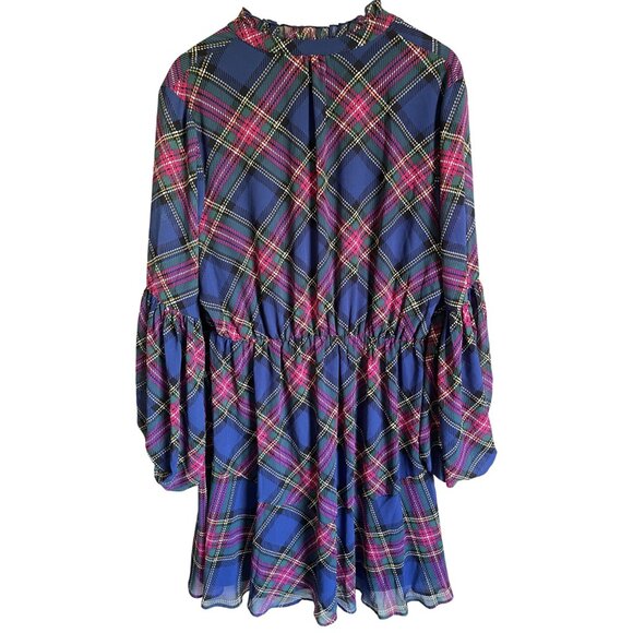 New! CATO Size Xl Blue Pink Berry Plaid Ruffle Neck Tie Waist Sheer Long Sleeve - Picture 4 of 8